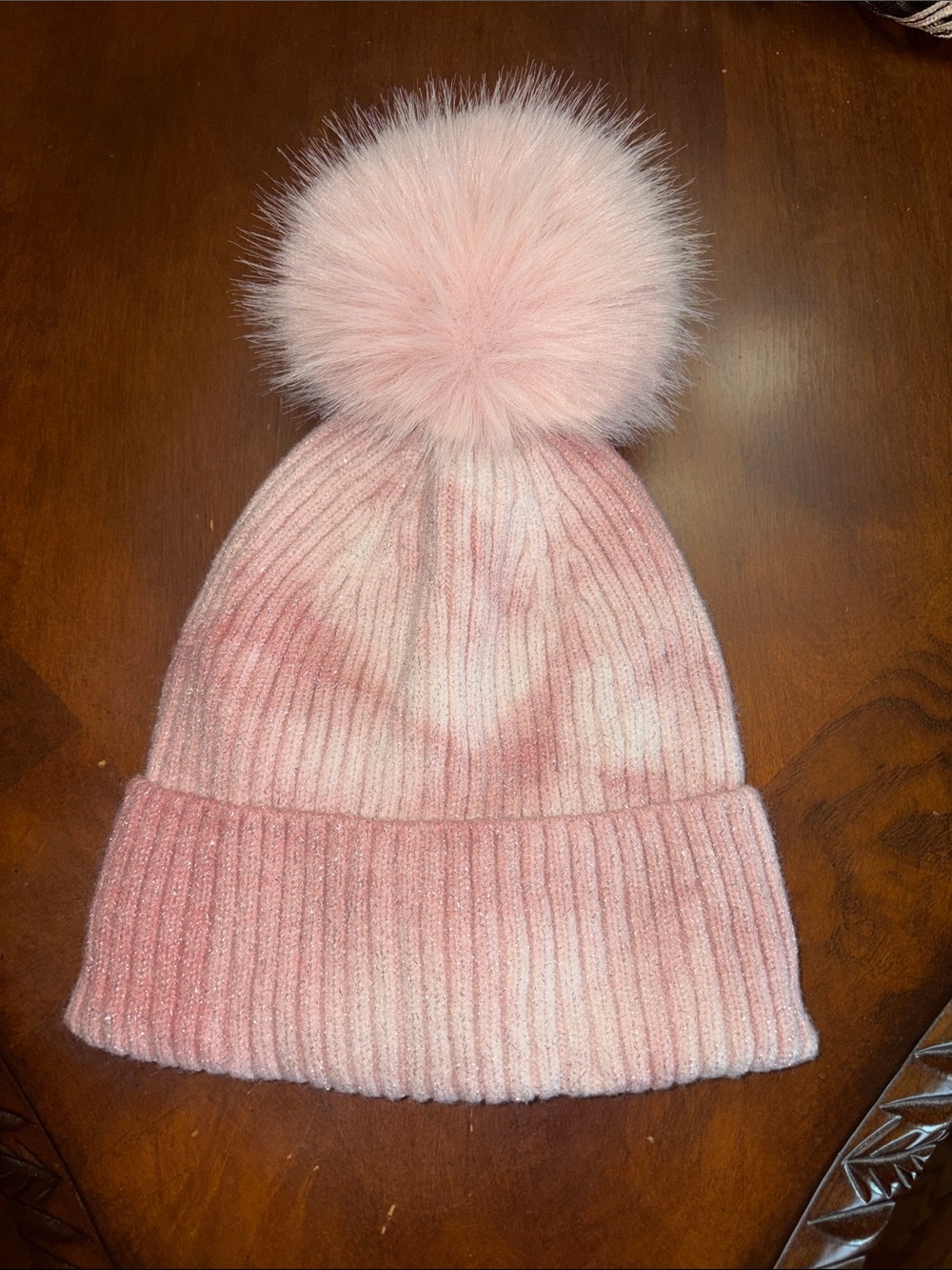 Place Pink Ribbed Beanie with Faux-Fur Pom